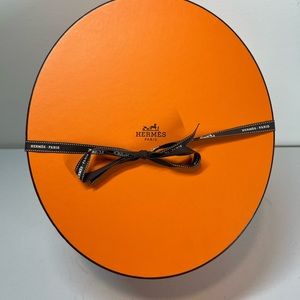 Hermes Authentic Empty Hat Box Orange Gift Storage Round Oval w Ribbon